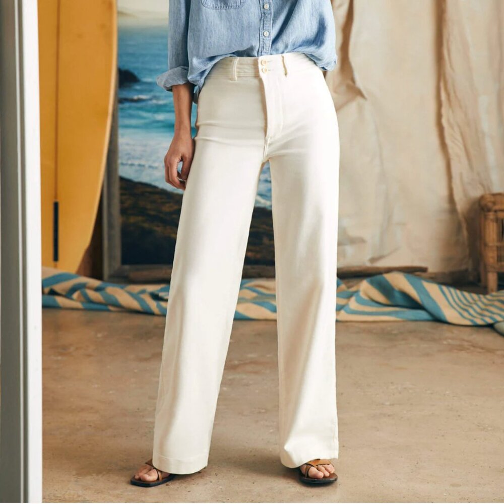 Faherty Stretch Terry Patch Pocket Wide Leg Soft Trouser Pant in Egret size 29